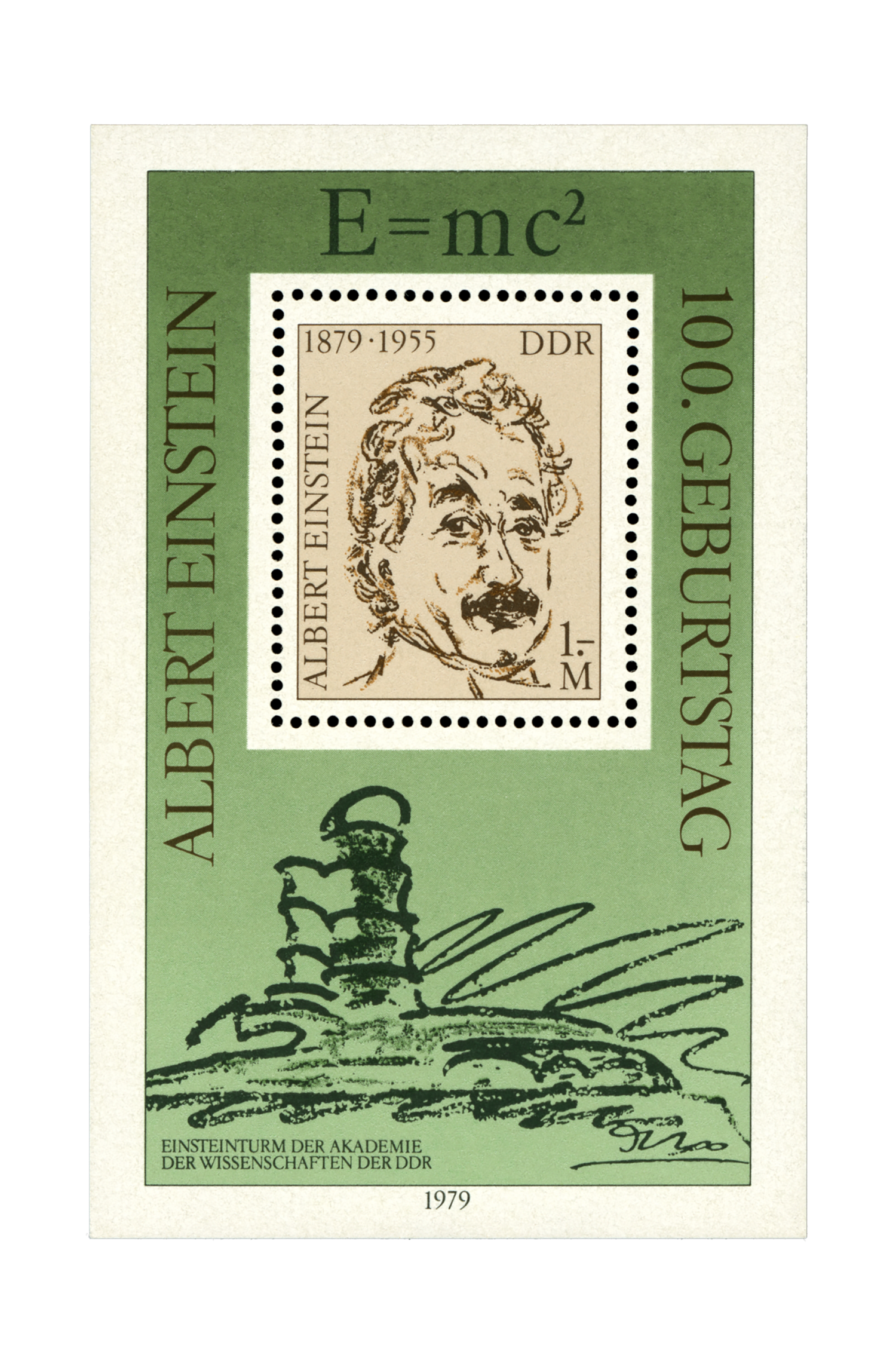 Briefmarke der DDR zu Ehren Albert Einsteins mit einer von Mendelsohns Skizzen zum Einsteinturm
