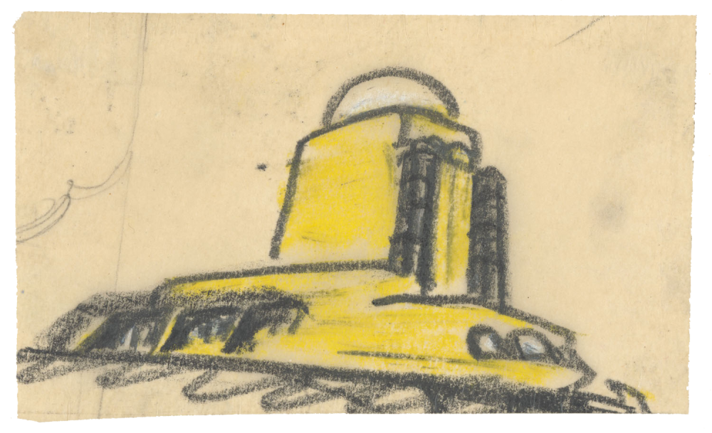 Einsteinturm, Observatorium und astrophysikalisches Institut. Skizze der Ansicht von Nordosten - Perspektivansicht (Bleistift, gelbe und weiße Kreide auf Transparentpapier)