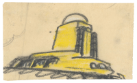 Einsteinturm, Observatorium und astrophysikalisches Institut. Skizze der Ansicht von Nordosten - Perspektivansicht (Bleistift, gelbe und weiße Kreide auf Transparentpapier)