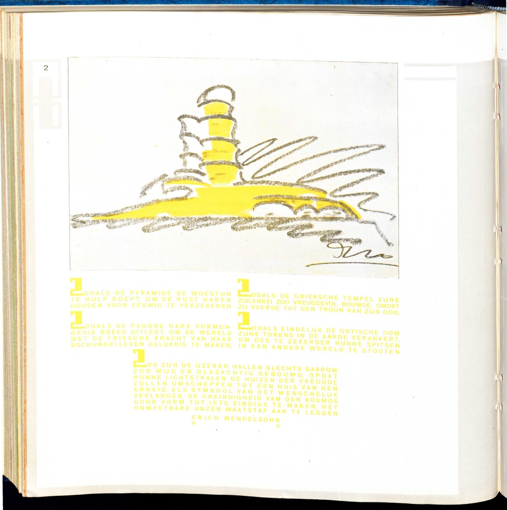 Seite aus Wendingen mit gelb kolorierter Skizze des Einsteinturms